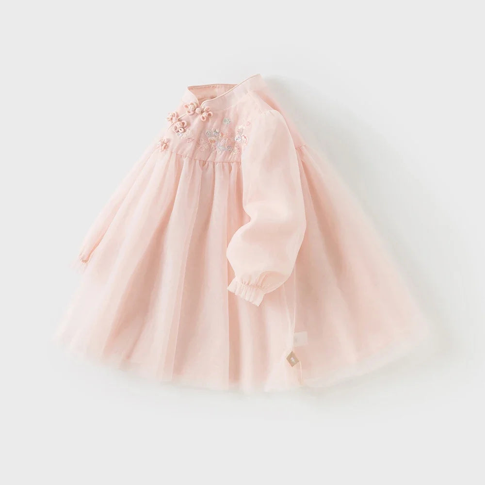 Baby Girl Hanfu-Style Mesh Dress – Pink Embroidery