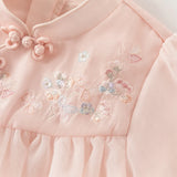Baby Girl Hanfu-Style Mesh Dress – Pink Embroidery