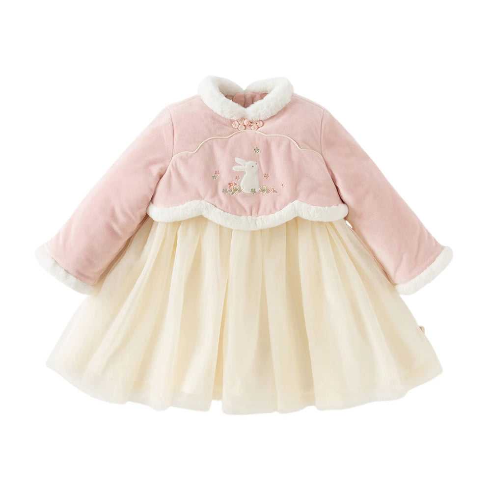 Baby Girl Velvet Mesh Dress – Rabbit Embroidery Design