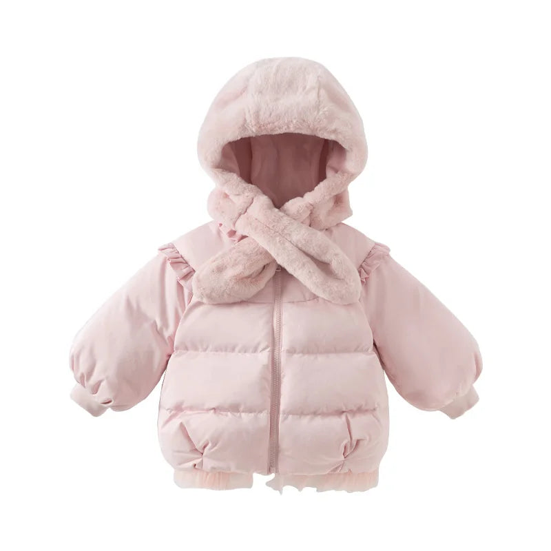 Girls 2-Piece Down Jacket Set – Plush Hat Pink Outfit