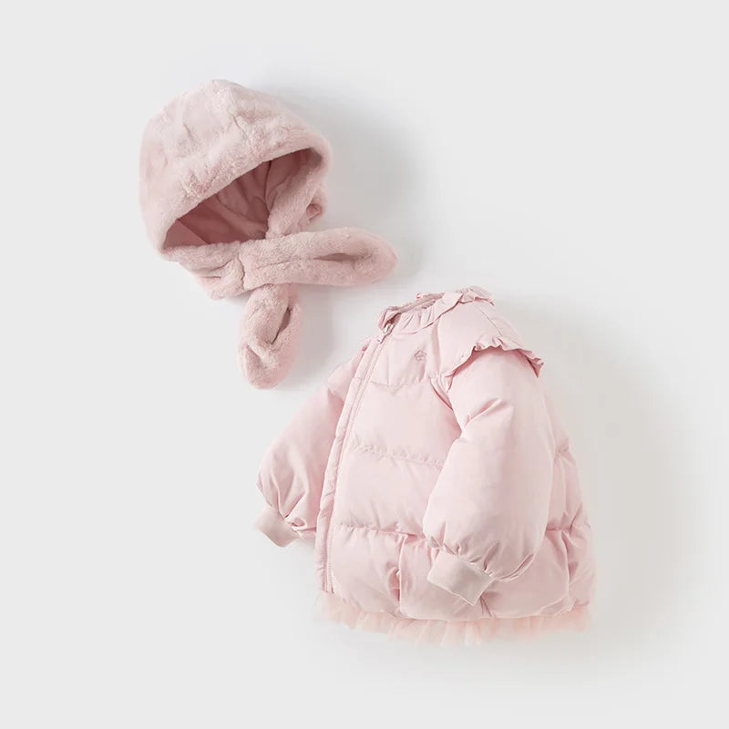 Girls 2-Piece Down Jacket Set – Plush Hat Pink Outfit