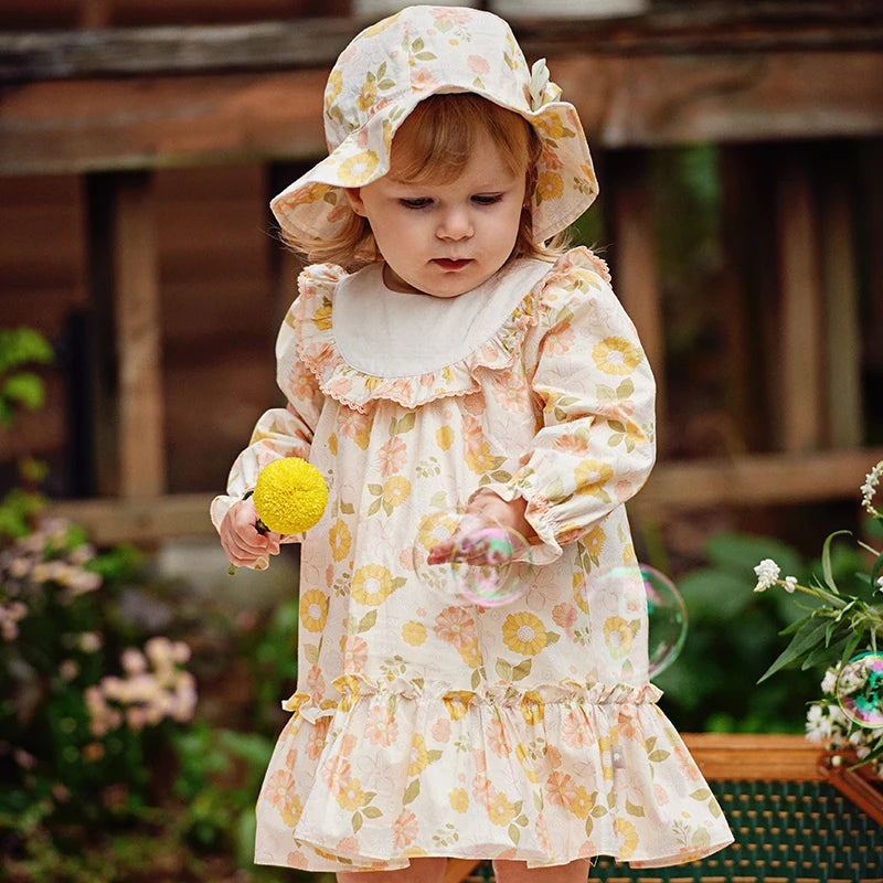 Girl Floral Cotton Dress – Long Sleeve Party Outfit