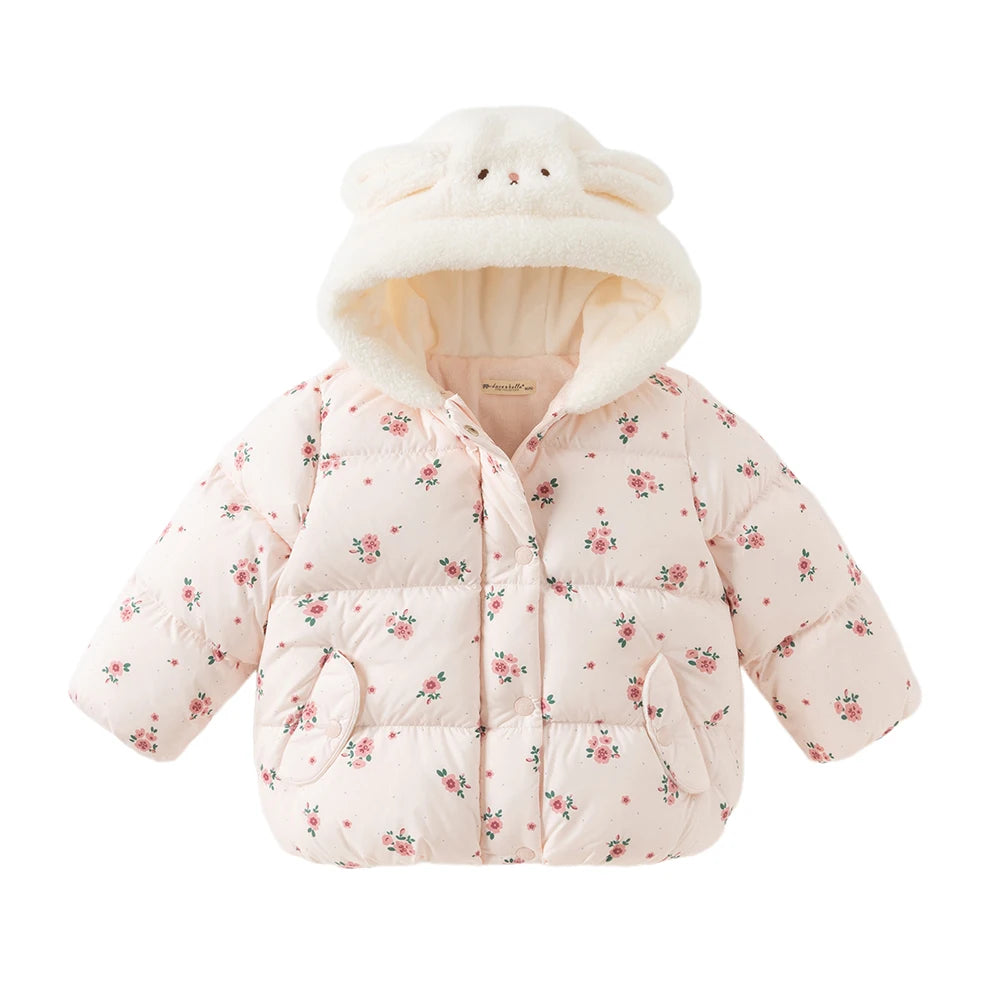 Girls Hooded Printed Down Jacket – Pink Winter Coat