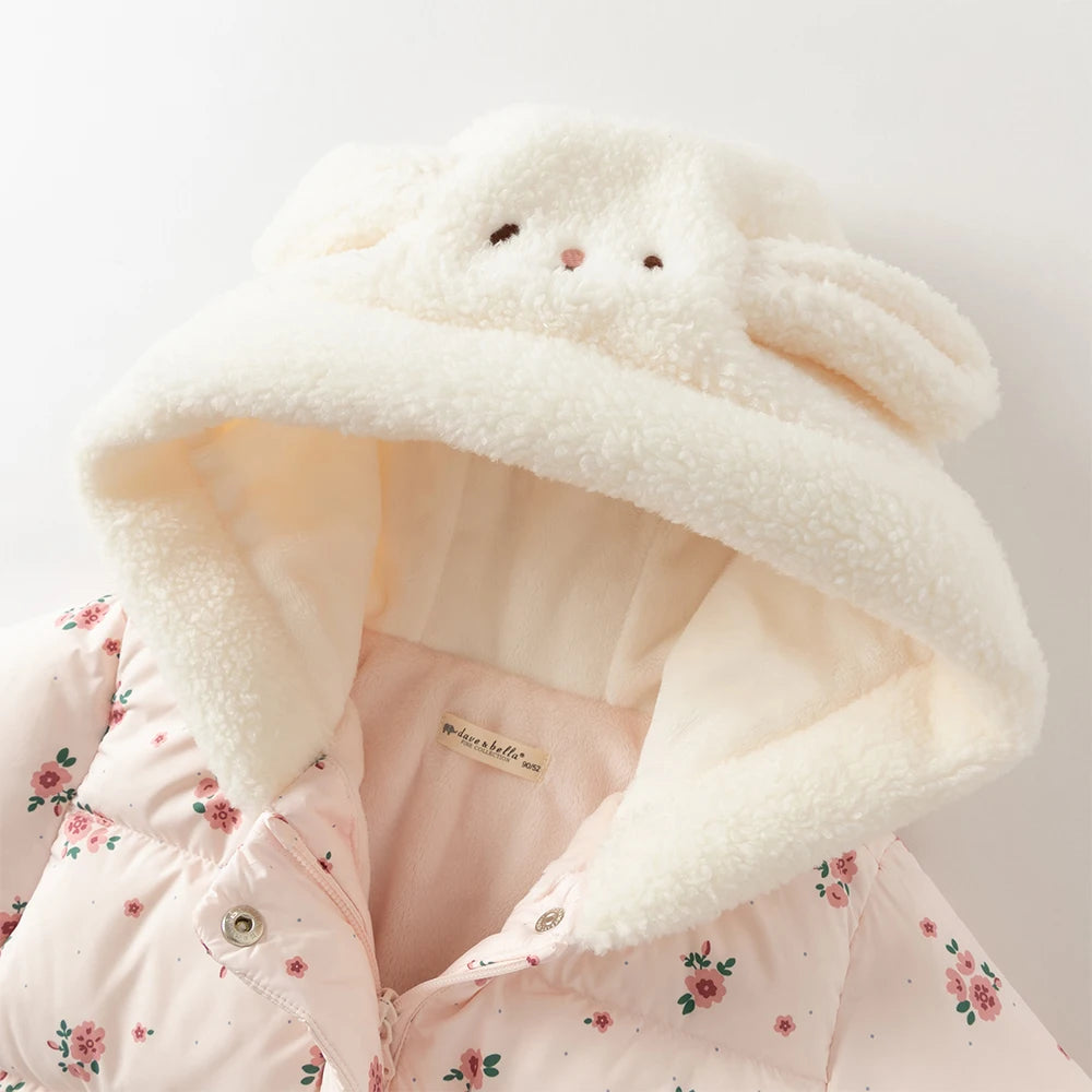 Girls Hooded Printed Down Jacket – Pink Winter Coat