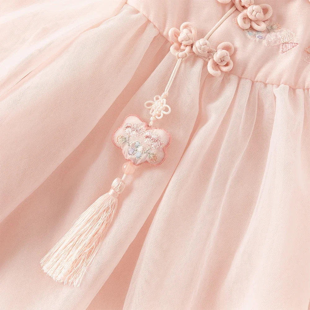 Baby Girl Hanfu-Style Mesh Dress – Pink Embroidery
