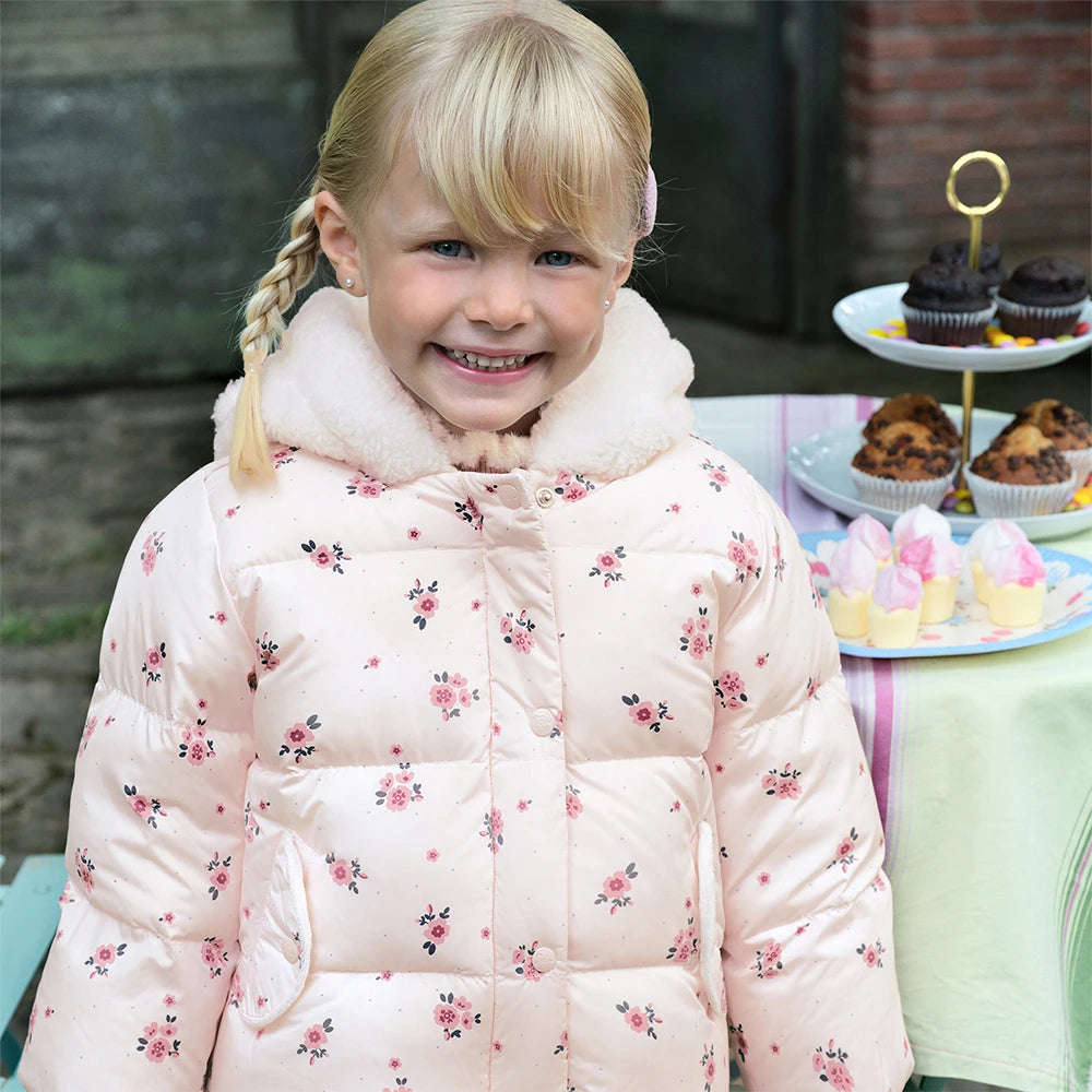 Girls Hooded Printed Down Jacket – Pink Winter Coat