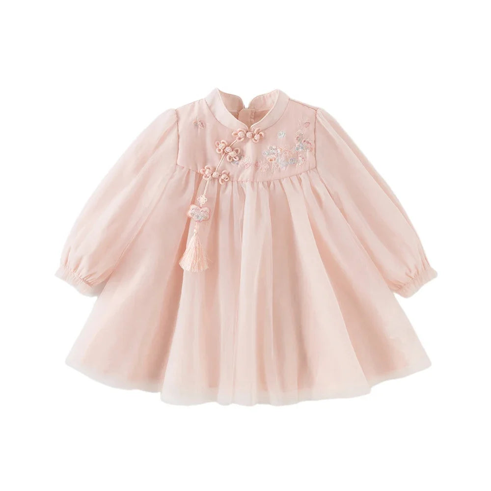 Baby Girl Hanfu-Style Mesh Dress – Pink Embroidery